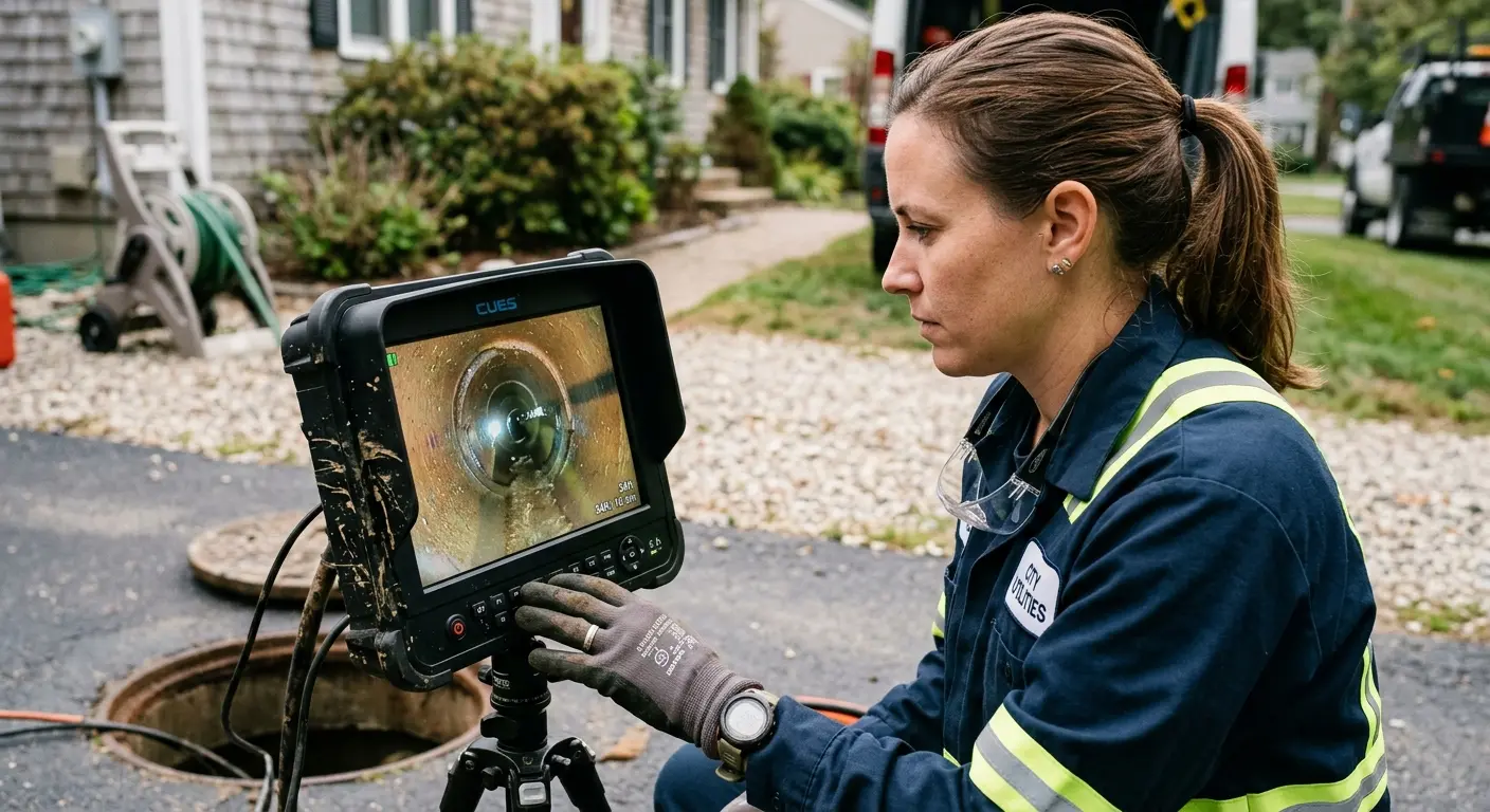 Technician reviewing sewer camera inspection footage in Coventry