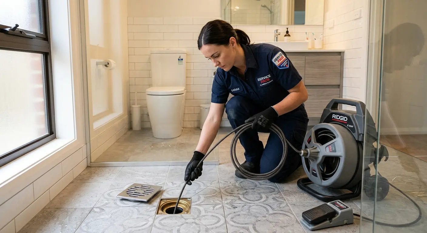 Technician clearing a bathroom floor drain for Sewer Line Installation in Coventry